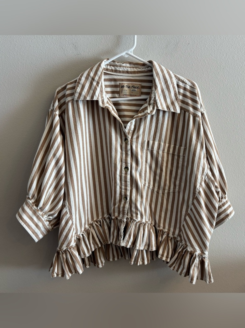 We The Free Beige and White Striped Ruffle Hem Button Down Shirt